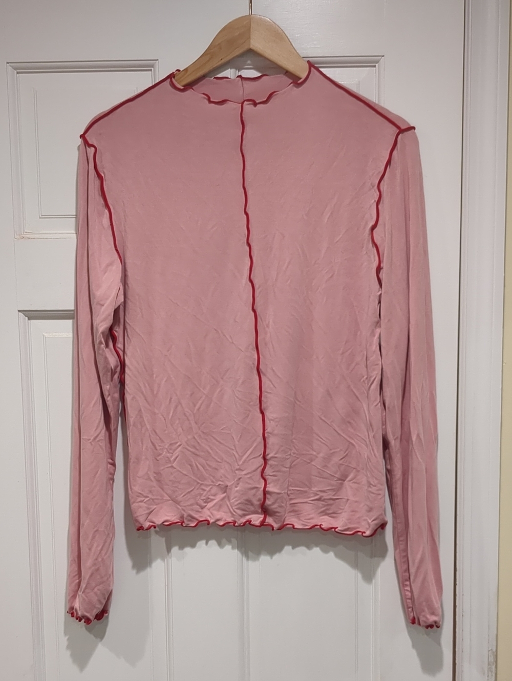Basic Bae Pink Long Sleeve Lettuce Edge Top with Red Trim